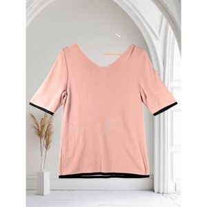 Talbots Petites Pink V Neck Short Sleeve Knit Sweater Top‎ Black Trim PM